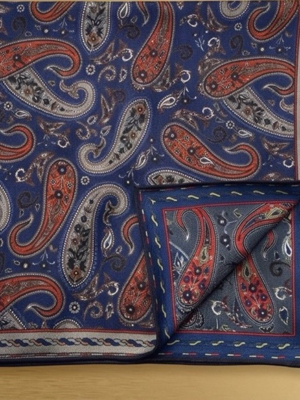 Lumiere East Paisley Scarf – Blue & Red | 70% Wool 30% Mulberry Silk 70x70cm